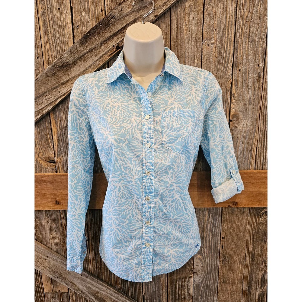 Talbots petite PS petite small coral reef blue roll tab sleeve button up  EUC